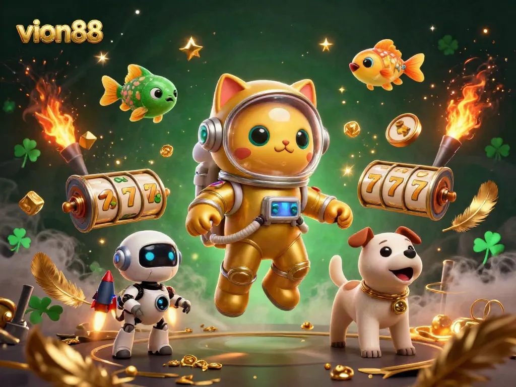 Engage with vion88's exciting online gaming experience featuring vivid slot-themed elements.