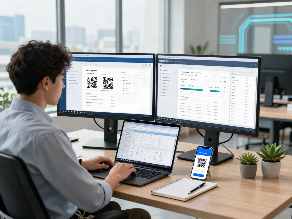 Analyst reviewing data on slot qris payments in a modern banking office.