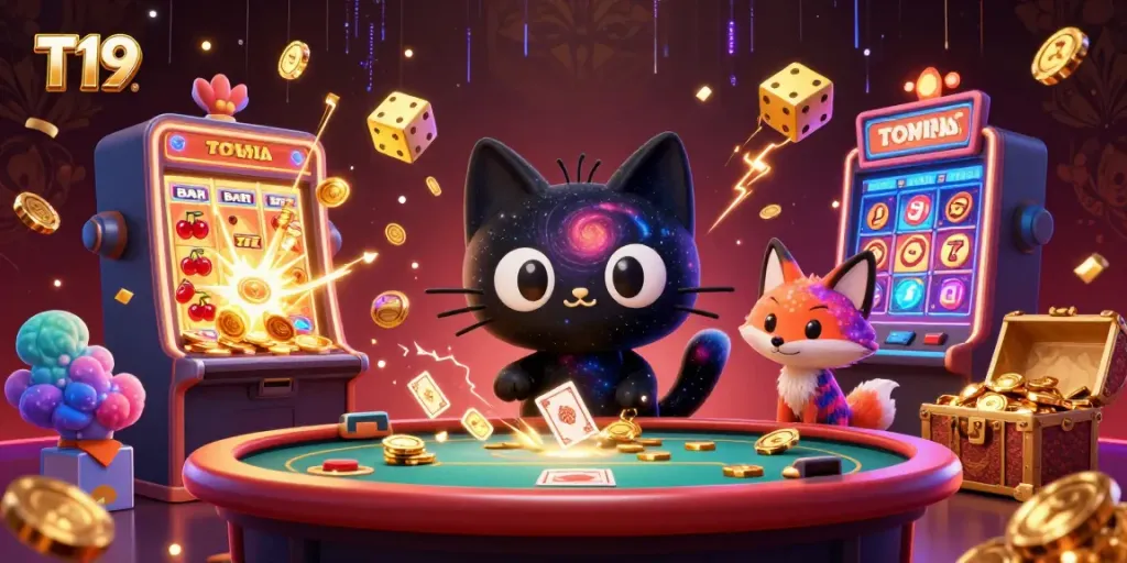 T19 captures a cosmic casino scene with a black hole cat, fox companion, and jackpot elements.