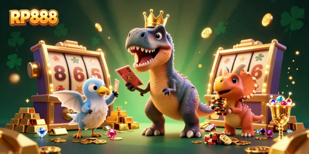 Experience RP888 with a lively T-Rex and friends in a vibrant slot game atmosphere.