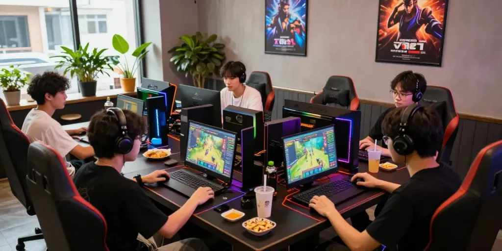Friends enjoying QQMacan gaming session in a vibrant café