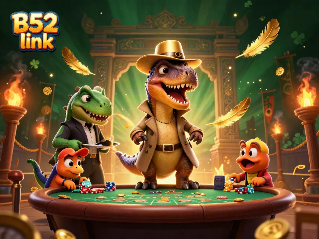 Catch the excitement of B52 link as a velociraptor card counter blends in at the casino blackjack table in this dynamic illustration.