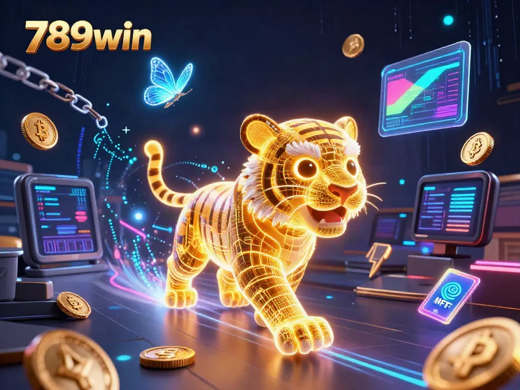 Experience the excitement of 789win with a neon-wireframe tiger roaming a vibrant digital casino landscape.