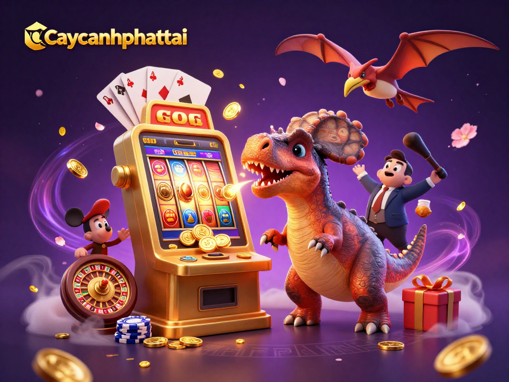Headbutting a golden slot machine, caycanhphattai attracts coins in this dynamic casino scene.