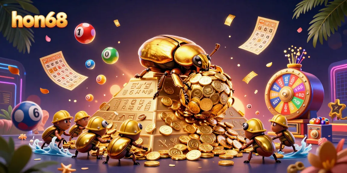 Play various games at hon68, where a golden beetle rolls coins in a vibrant casino atmosphere.