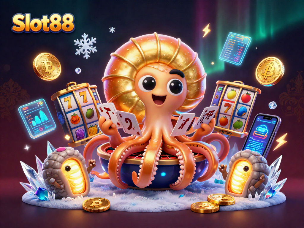 Play exciting Slot88 games with dazzling characters and interactive crypto elements in a vibrant illustration.