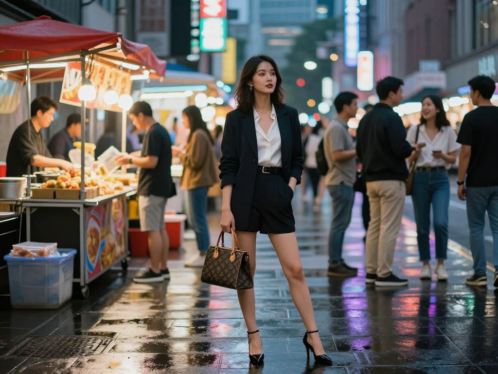 Gái gọi trong không gian phố đêm nhộn nhịp, ánh đèn neon lung linh.