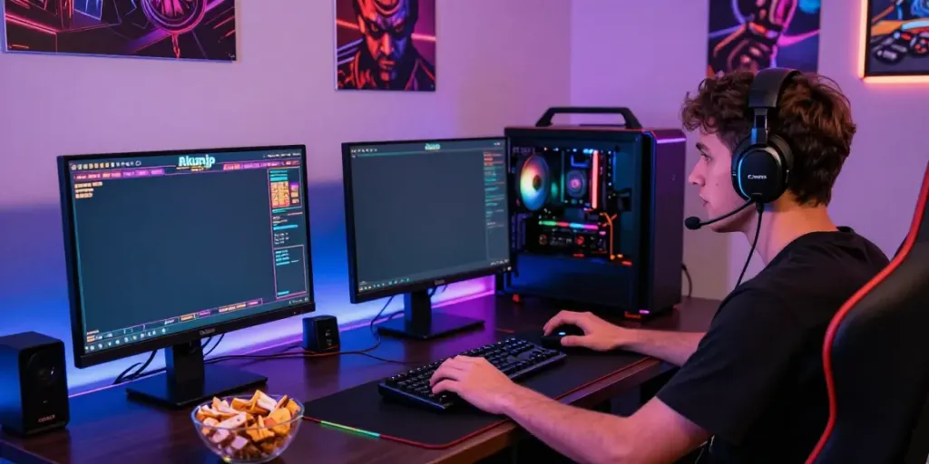 Player engaging with the akunjp online gaming interface at a vibrant gaming setup.