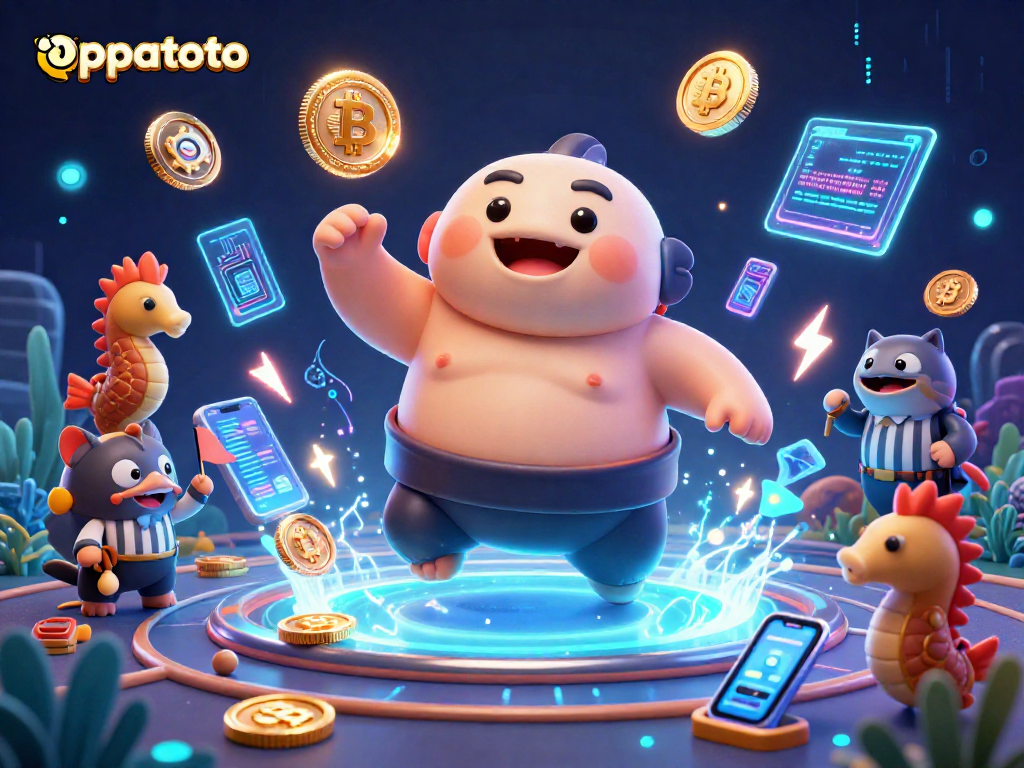 Engage with oppatoto's vibrant scene featuring a fugu sumo wrestler amidst cryptocurrency elements in an underwater gambling ring.