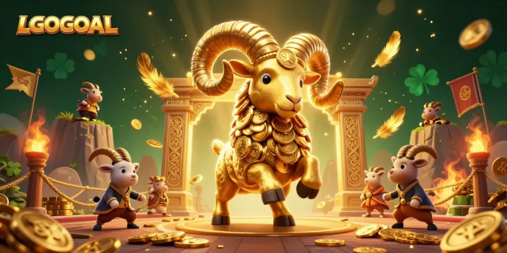 Engage with LGOGOAL, featuring a golden ram charging at a vibrant casino scene.