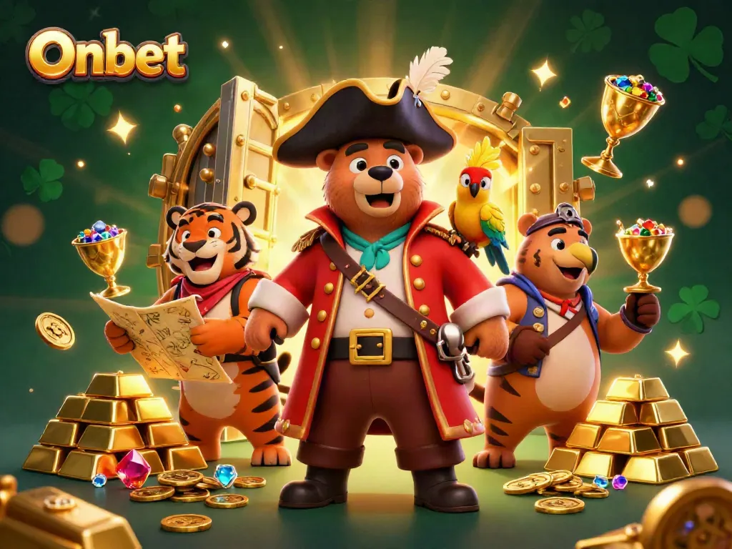 Experience Onbet's vibrant casino world with treasures and joyous characters in a colorful fantasy setting.