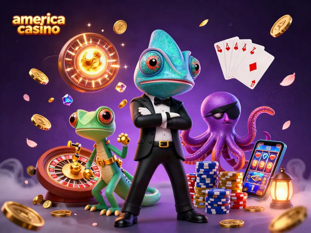 Experience the excitement of america casino with a chameleon agent, tech gecko, and villainous octopus among casino treasures.