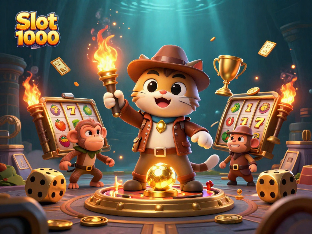 Experience the excitement of Slot 1000 with an adventurous cat exploring a golden casino artifact.
