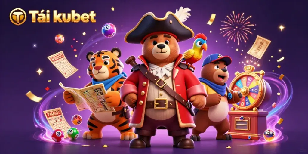 Play Tải kubet with thrilling 3D characters surrounded by vibrant lottery elements and confetti.