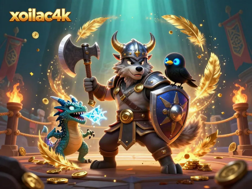 Engage with xoilac4k in this vibrant illustration featuring a Viking wolf warrior, fierce dragon, and cartoon raven amidst gold coins and dynamic effects.