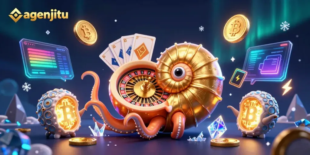 Gambarlah agenjitu dalam ilustrasi 3D dengan nautilus raksasa dan elemen kasino yang kaya.