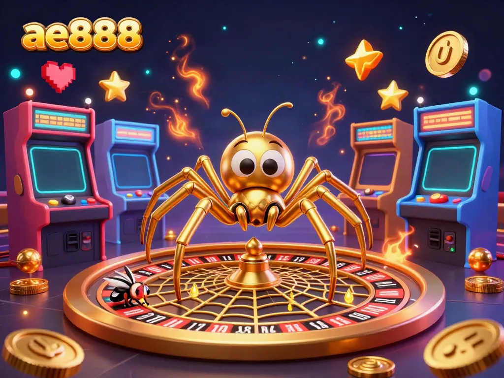Experience thrilling gameplay with ae888 as a golden spider and centipede dealer create an exciting casino scene.