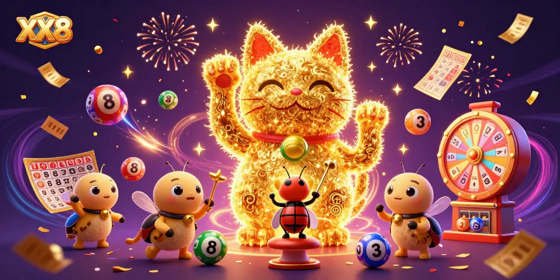 Win big with XX8’s giant lucky cat illustration showcasing vibrant casino action and colorful elements.