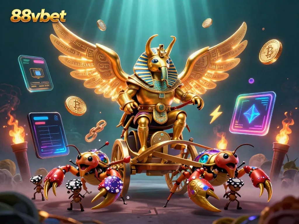 Win big at 88vbet with a 3D scene showcasing a colossal golden scarab and dynamic gaming elements.