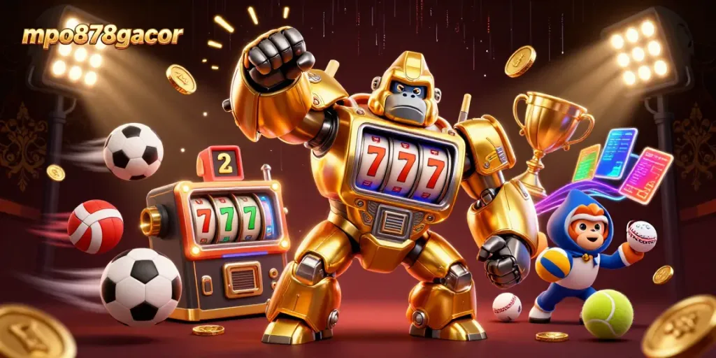 Menyaksikan mpo878gacor dalam pertarungan slot dengan gaya, dibalut detail emas dan efek cahaya yang menakjubkan.