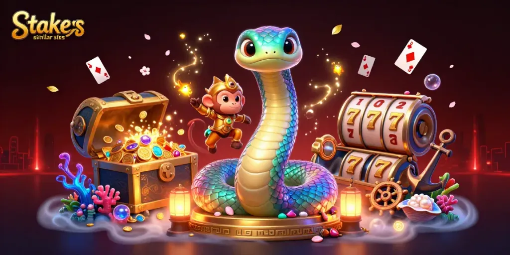 Play games at stake.us similar sites while surrounded by a vibrant casino atmosphere, featuring mythical elements.