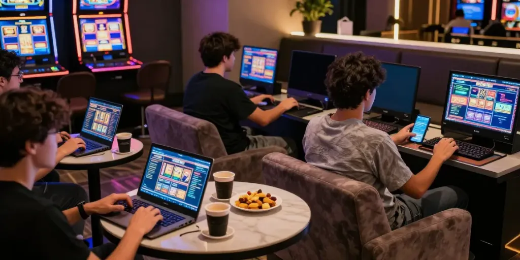 Players enjoying luxury12 slot games in a stylish gaming lounge with ambient lighting.