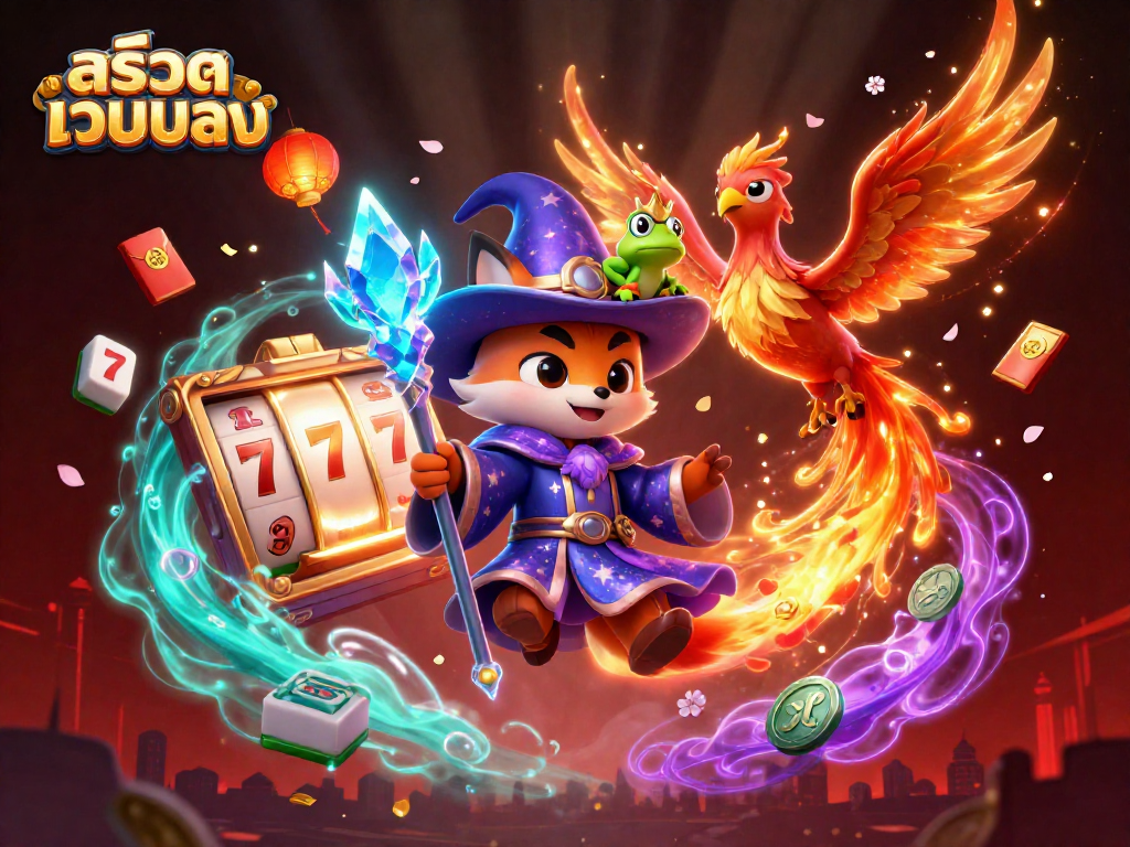 Play สล็อตเว็บตรง with vibrant slots, unique elements, and magical characters in a dynamic casino scene.