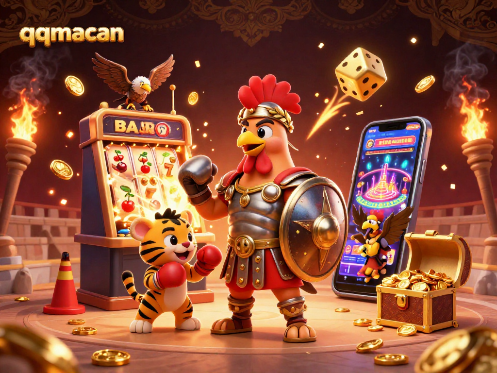 Experience thrilling wins with qqmacan, featuring a vibrant casino scene with a dynamic slot machine and characters.