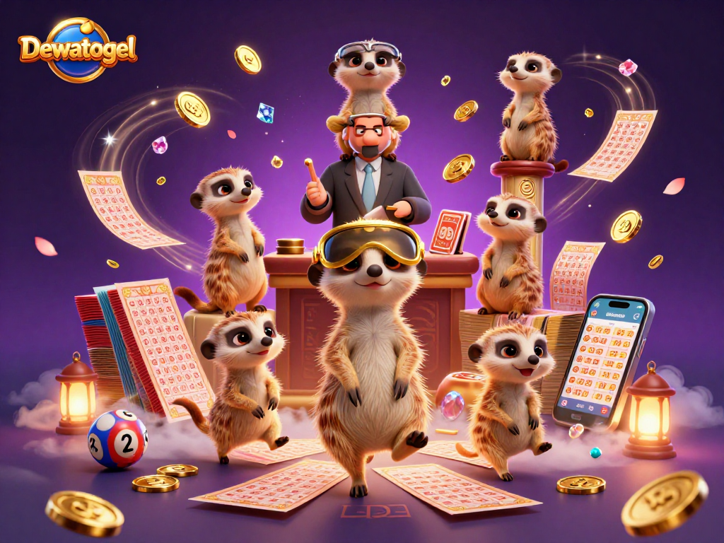 Menghadirkan Dewatogel, koloni meerkat menangani operasi lotere dengan tiket kemenangan di tengah hiasan koin emas.