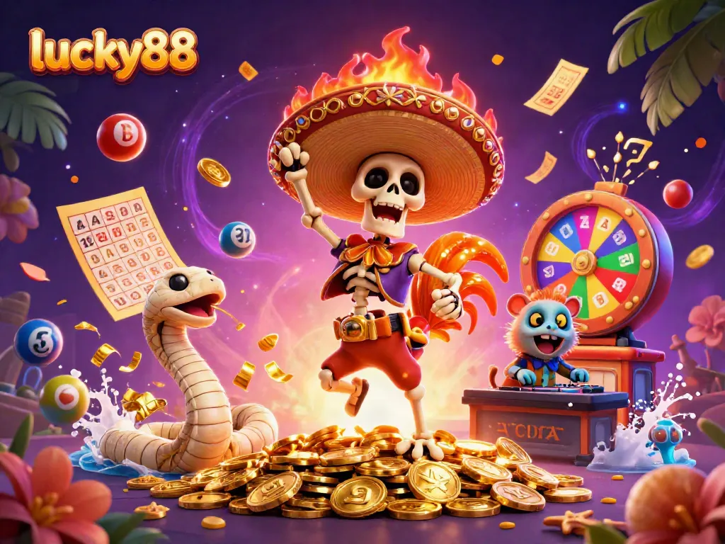 Experience the excitement at lucky88 with vibrant casino characters dancing amid colorful games and golden rewards.