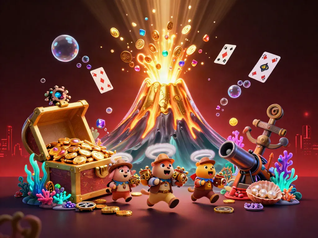 Xoilac Tv showcases a vibrant 3D volcano erupting coins, capturing the thrill of winning through dynamic treasures.