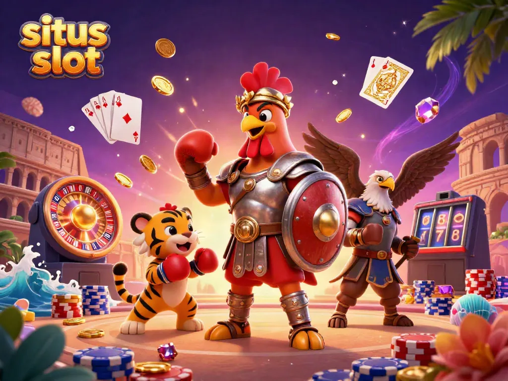 Gambarlah situs slot yang memperlihatkan ayam jantan gladiator dengan tumpukan koin emas dan simbol perjudian.