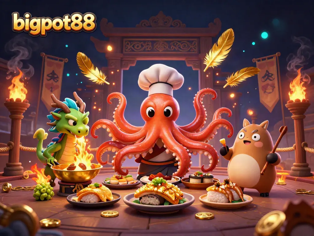 bigpot88 menampilkan ilustrasi kasino dengan karakter menarik memasak hidangan emas.