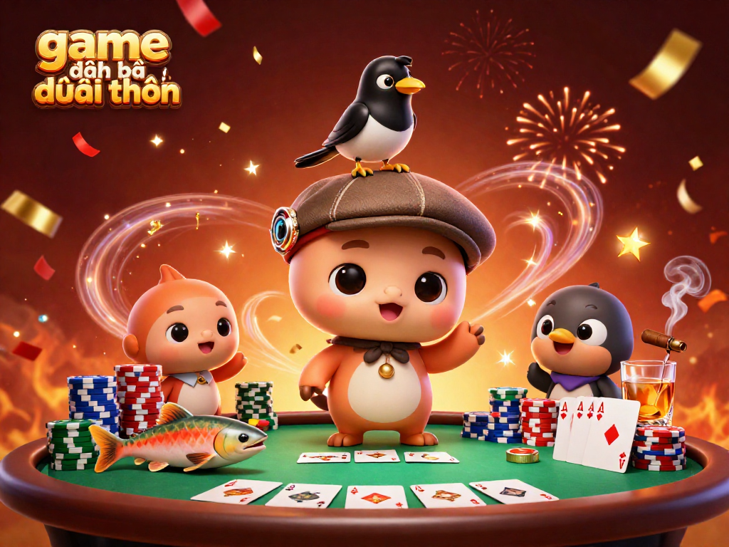 Engage with game đánh bài đổi thưởng through vibrant poker-themed illustration featuring quirky characters.