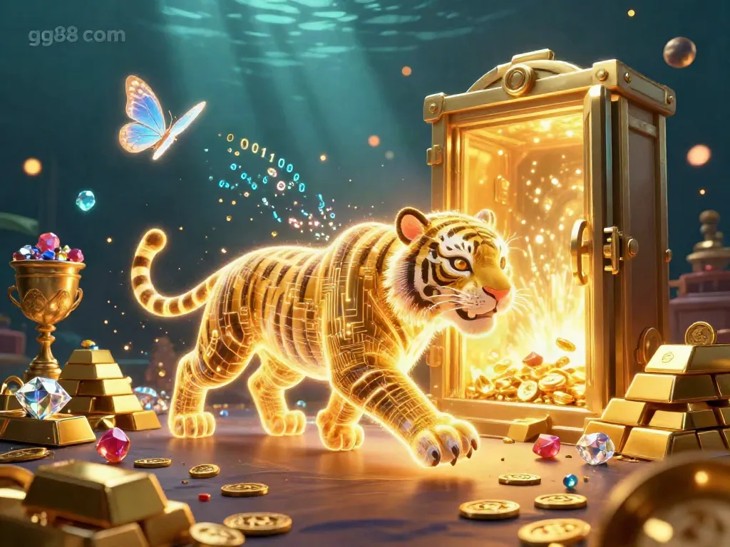 Experience the thrill of gaming at gg88 com with a vibrant digital casino illustration featuring a golden tiger and treasures.