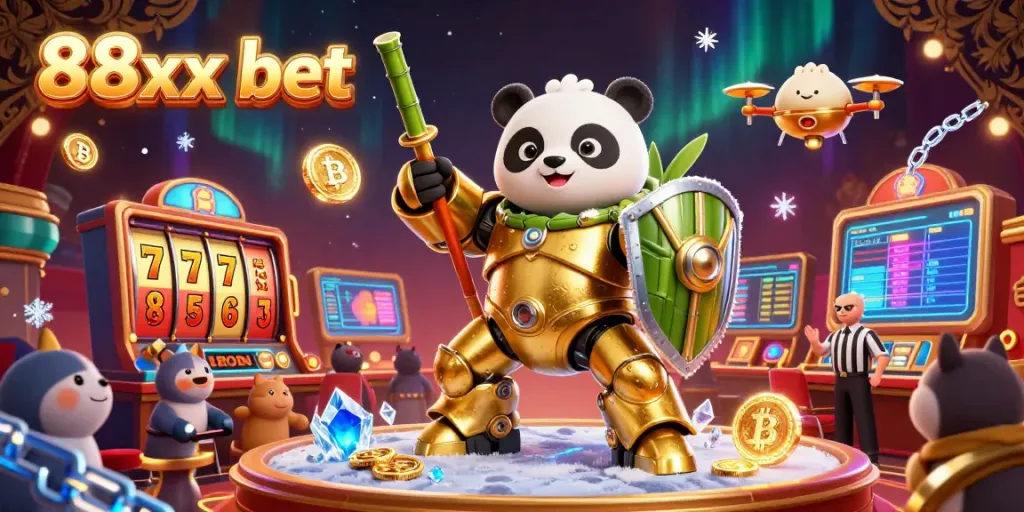 Engage in thrilling gameplay with 88xx bet at a lively digital casino scene filled with exciting slot elements.