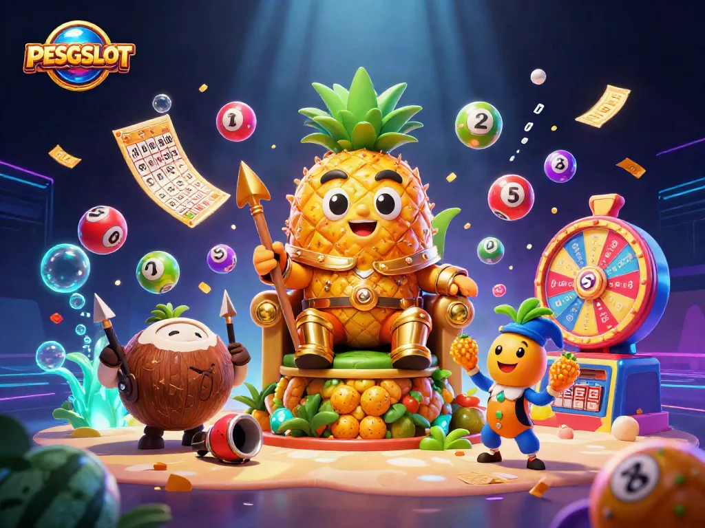 PESGSLOT illustrates a vibrant casino scene featuring a pineapple king and game elements.