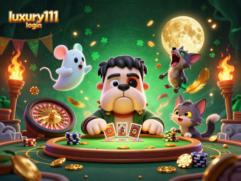Experience the thrill of luxury111 login at a neon-lit casino with a card-dealing bulldog and ghost mouse.